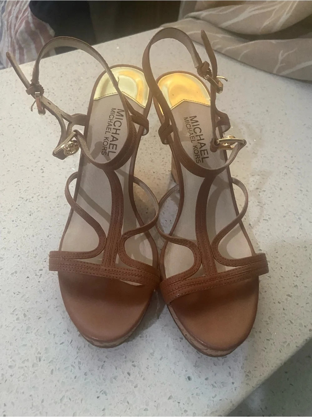 MICHAEL Michael Kors Tan Leather Strappy Wedge Sandals